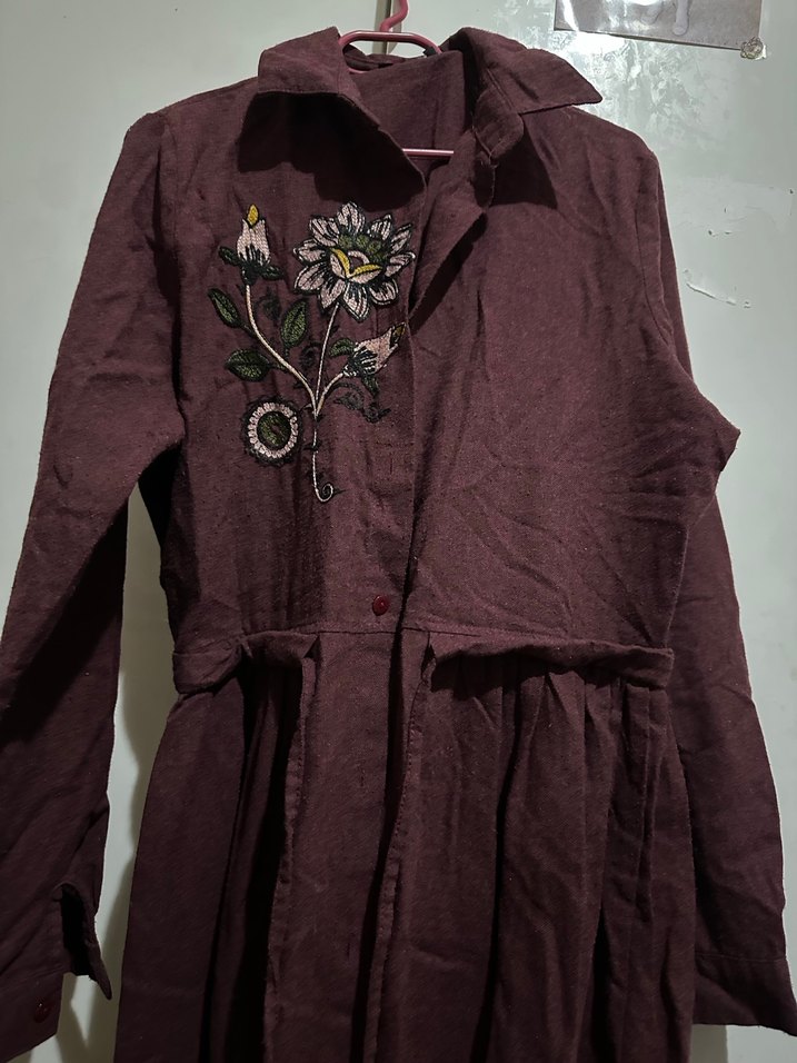 Bordo Nakışlı Uzun Keten Elbise tunik - Görsel 2