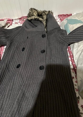 Gri Midi Yün Kadın Kaban Kürklü - Görsel 9