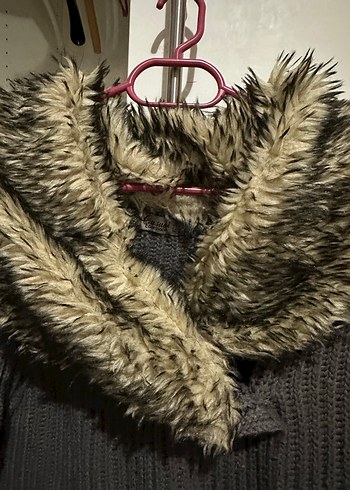 Gri Midi Yün Kadın Kaban Kürklü - Görsel 4