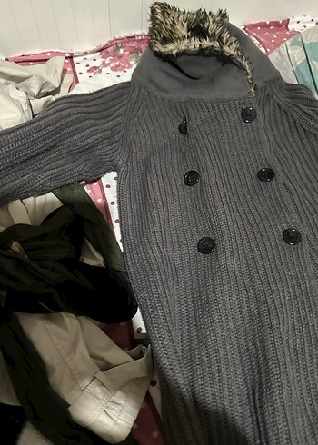 Gri Midi Yün Kadın Kaban Kürklü - Görsel 10