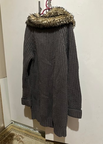 Gri Midi Yün Kadın Kaban Kürklü - Görsel 2