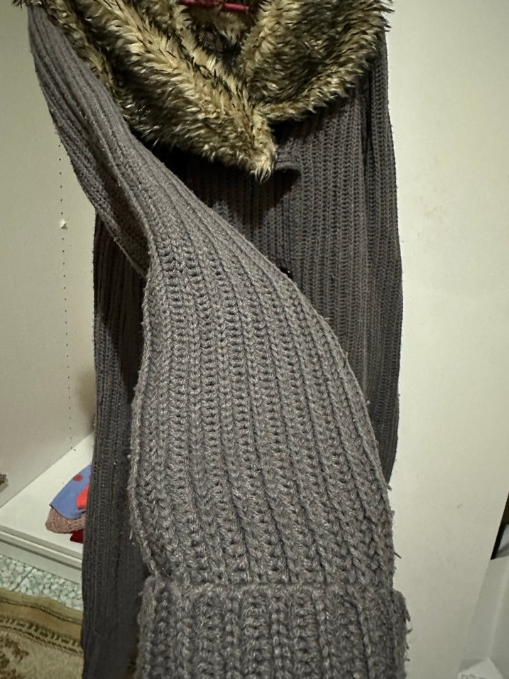 Gri Midi Yün Kadın Kaban Kürklü - Görsel 3