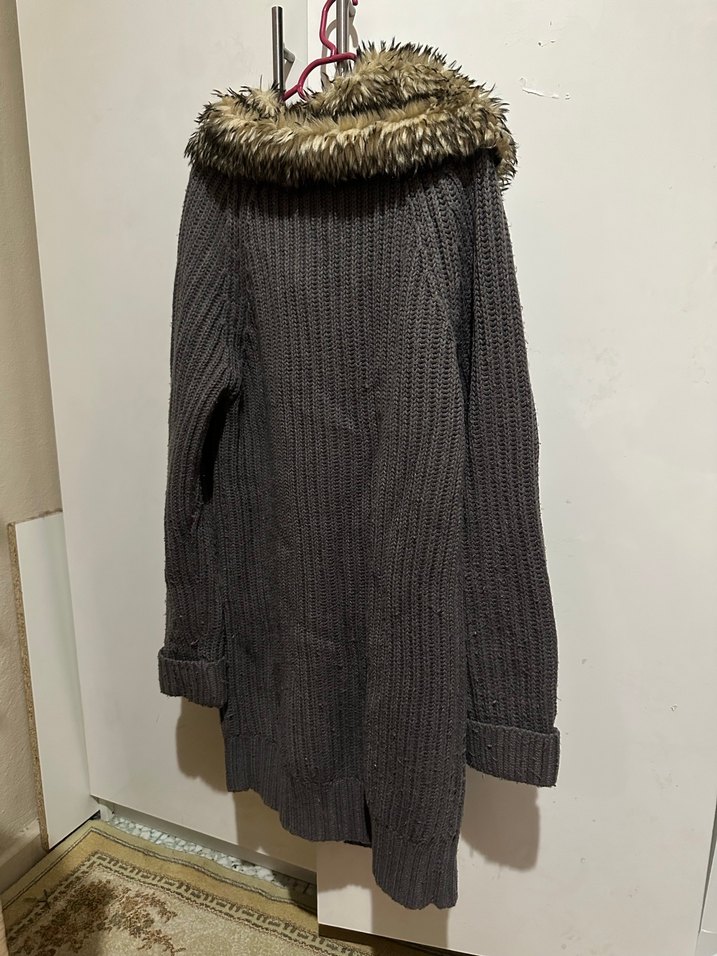 Gri Midi Yün Kadın Kaban Kürklü - Görsel 2