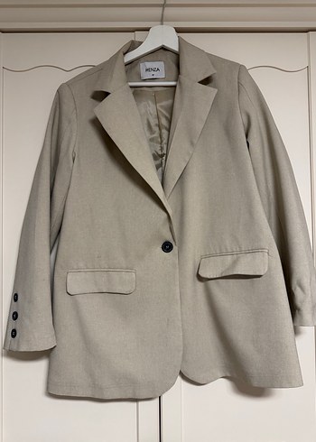 Bej Düğmeli Kadın Keten Blazer Ceket