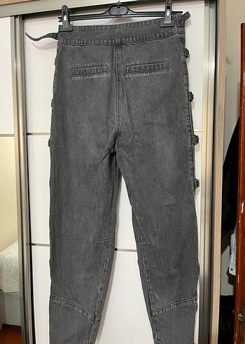 l Beden Gri Kemerli Bol Kesim Kadın Denim Pantolon