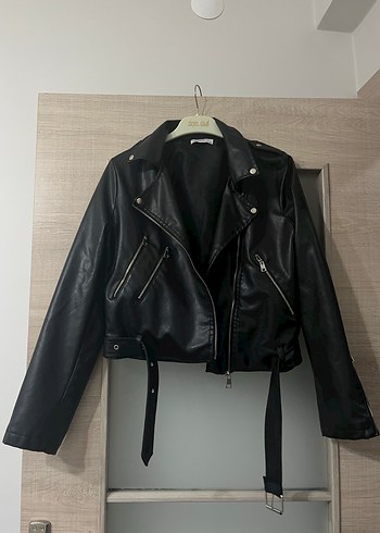 Kadın Siyah Deri Ceket, Yüksek Yaka, Parlak - Görsel 2