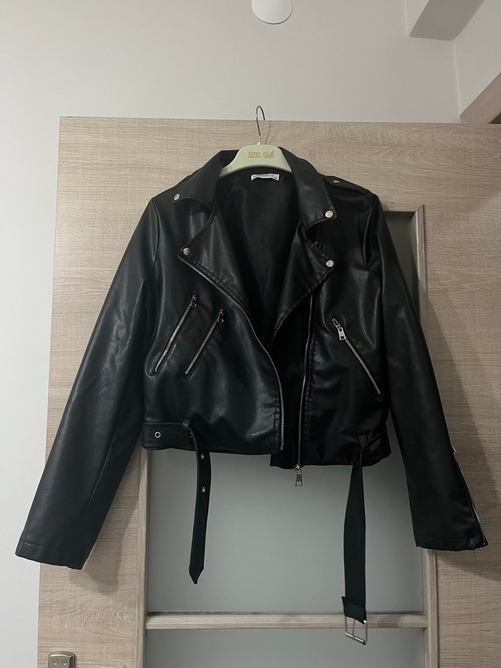 Kadın Siyah Deri Ceket, Yüksek Yaka, Parlak - Görsel 2