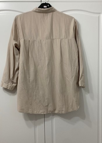 Düğmeli Bej Keten Gömlek - Görsel 3