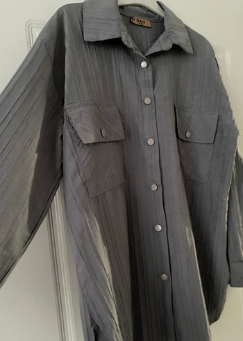 Gri Düğmeli Keten Uzun Kollu Kadın Gömlek - Görsel 3