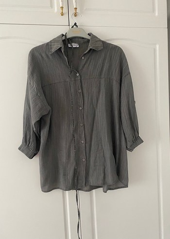 Gri Keten Kadın Gömlek Uzun Kollu - Görsel 2