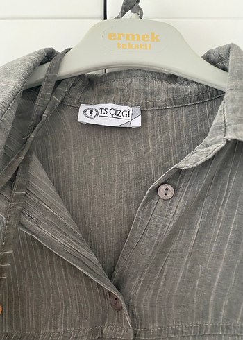 Gri Keten Kadın Gömlek Uzun Kollu - Görsel 4