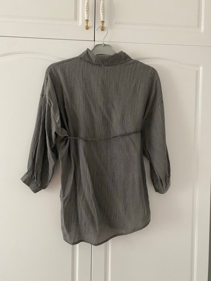 Gri Keten Kadın Gömlek Uzun Kollu - Görsel 5