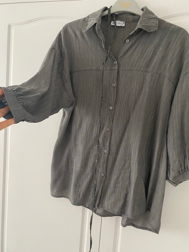 Gri Keten Kadın Gömlek Uzun Kollu - Görsel 3