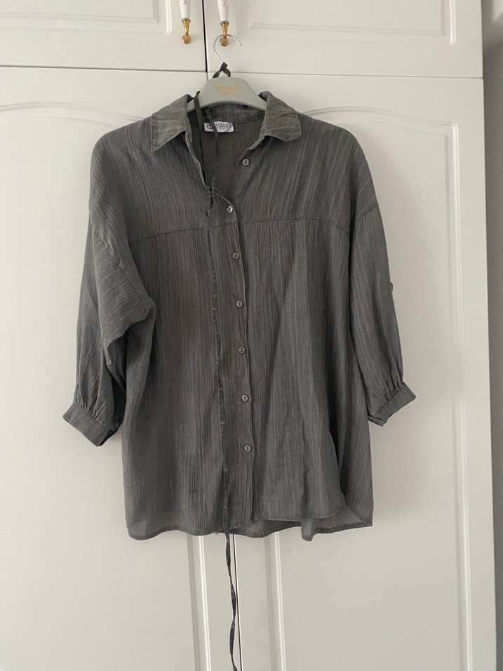 Gri Keten Kadın Gömlek Uzun Kollu - Görsel 2