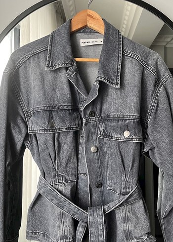 Gri Kemer Detaylı Kadın Denim Ceket - Görsel 2