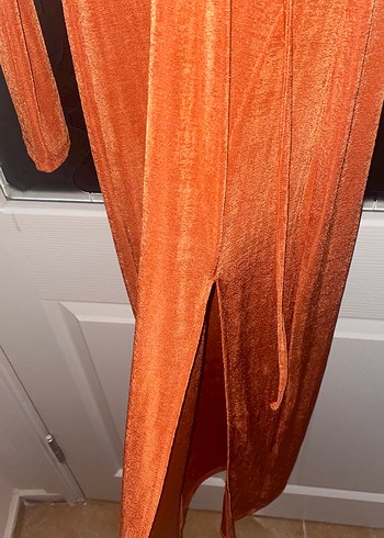 V Yaka Kahverengi Uzun Kadın Henna Elbise - Görsel 2