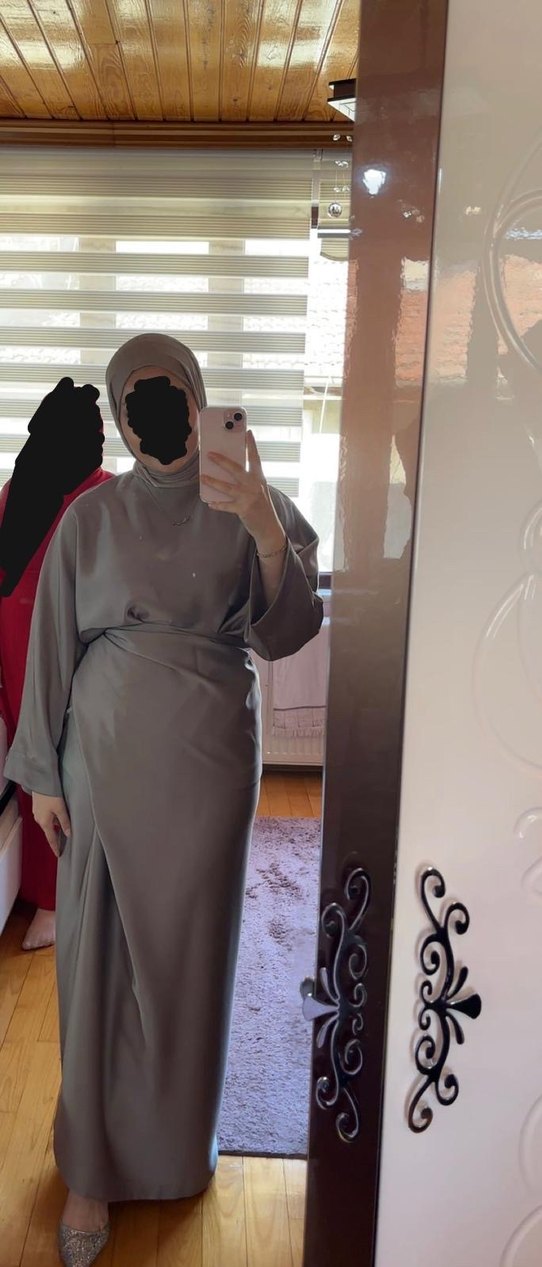 Gri Uzun Kollu Drapeli Kadın etekli takım - Görsel 3