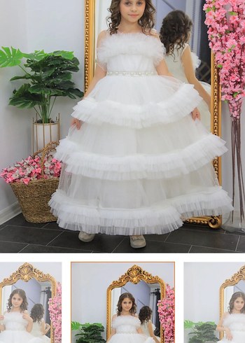 Beyaz Fırfırlı Kız Çocuk Abiye Elbise - Görsel 3