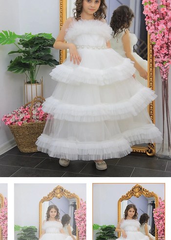 Beyaz Fırfırlı Kız Çocuk Abiye Elbise - Görsel 2