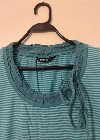 Turkuaz Çizgili Tişört, Kısa Kollu - Görsel 2