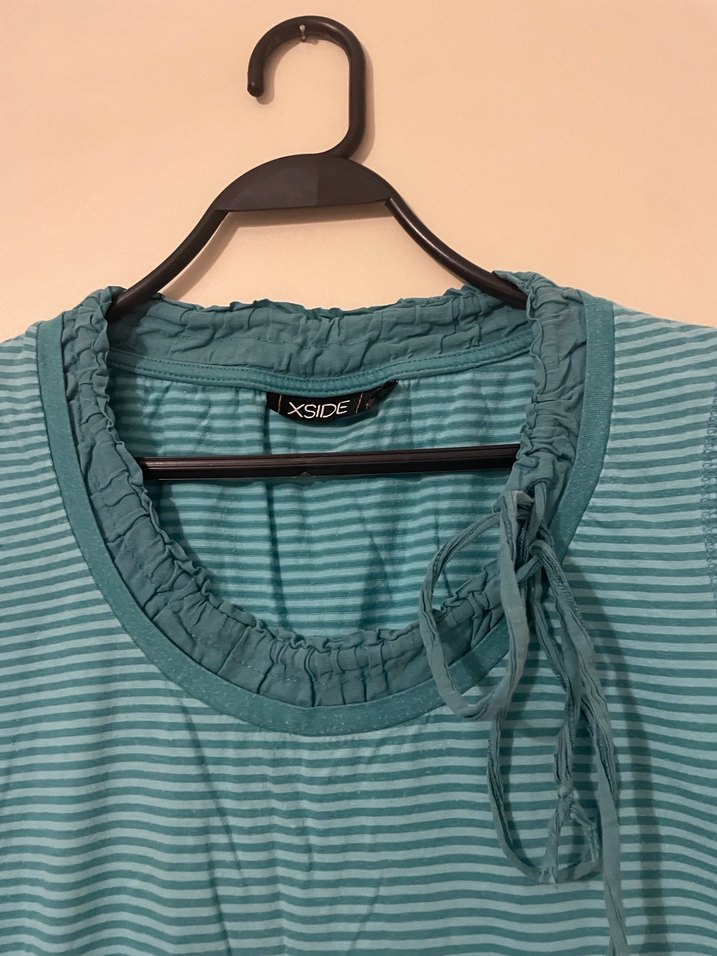 Turkuaz Çizgili Tişört, Kısa Kollu - Görsel 2