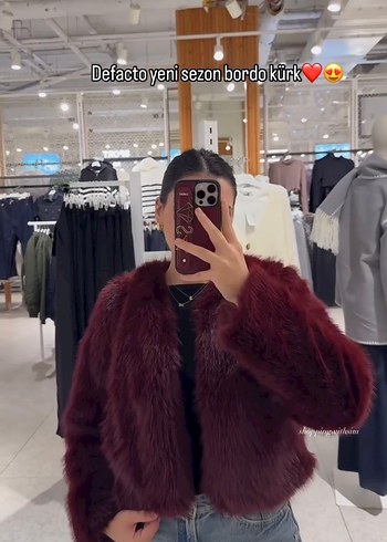 Bershka Bordo Kürklü Kadın Midi Boy Ceket