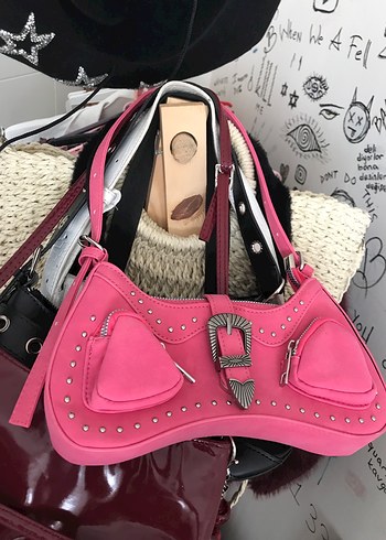  Beden Pembe Deri Tokalı Biker Çanta