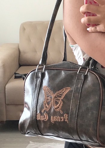 American Vintage Kelebek Baskılı Kahverengi Deri Kadın Çanta