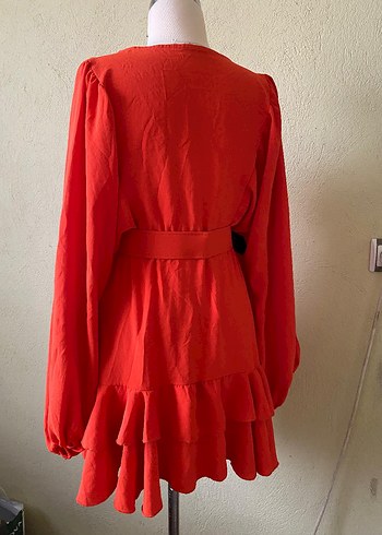 turuncu Uzun Kollu Midi Elbise - Görsel 4