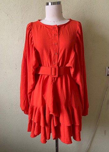 turuncu Uzun Kollu Midi Elbise - Görsel 2