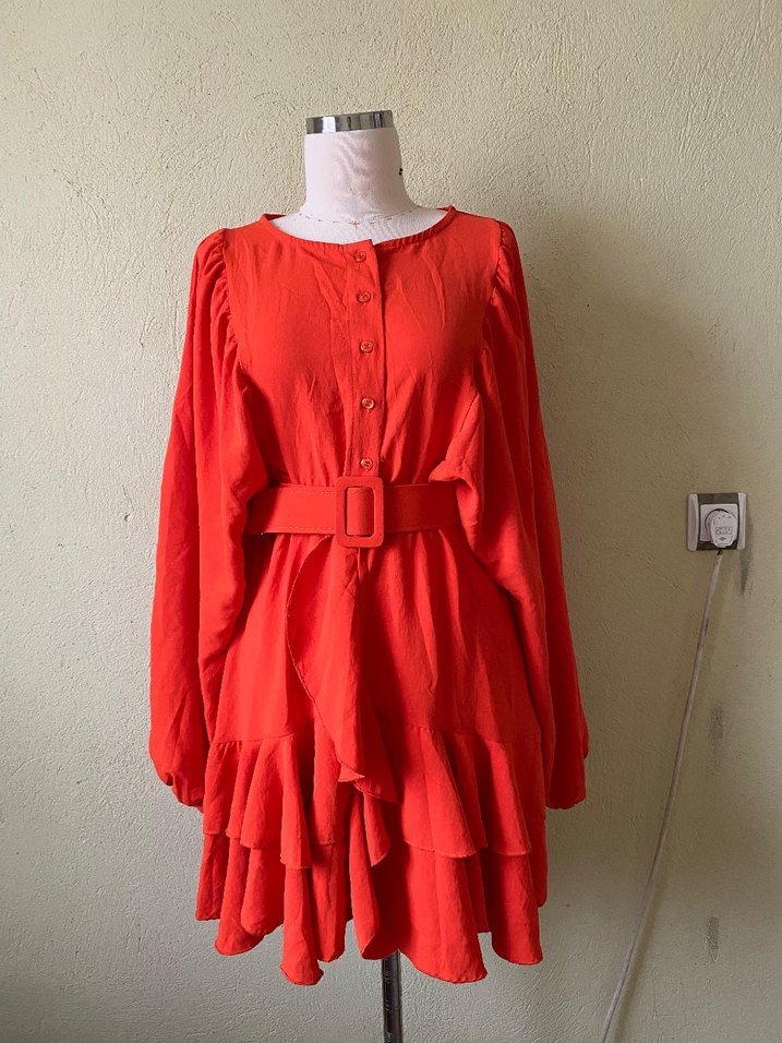 turuncu Uzun Kollu Midi Elbise - Görsel 3