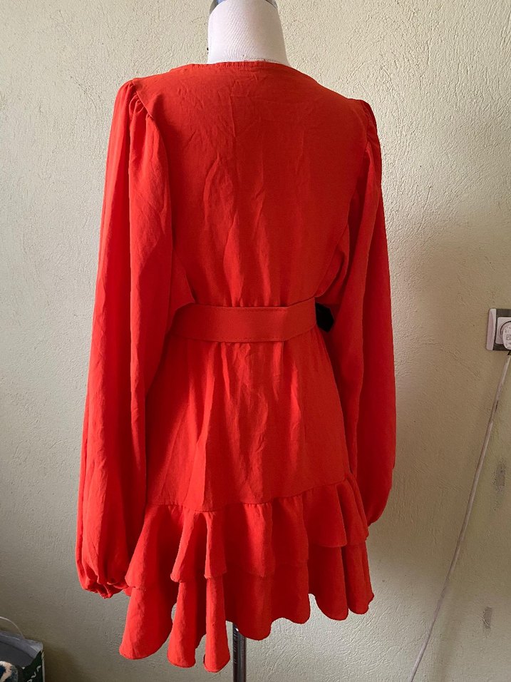 turuncu Uzun Kollu Midi Elbise - Görsel 5