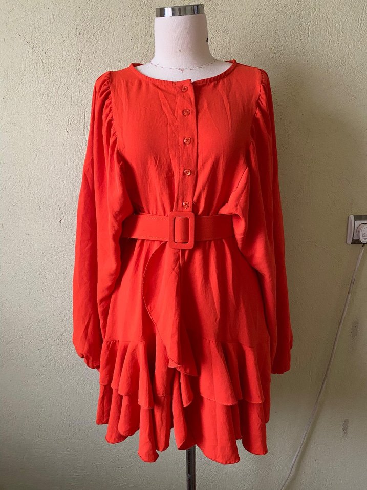 turuncu Uzun Kollu Midi Elbise - Görsel 2