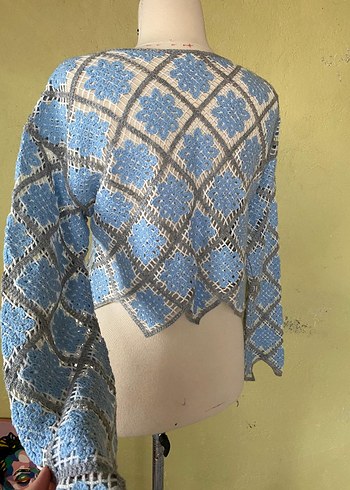 Bohem Mavi Gri Örgü Kadın Kazak - Görsel 4