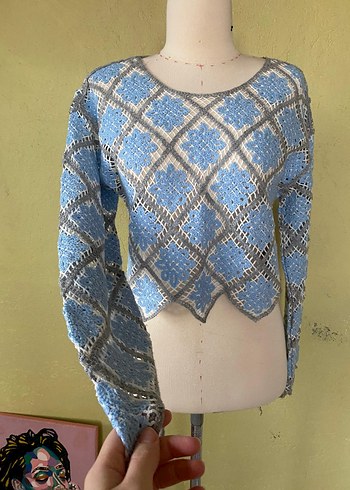 Bohem Mavi Gri Örgü Kadın Kazak - Görsel 3