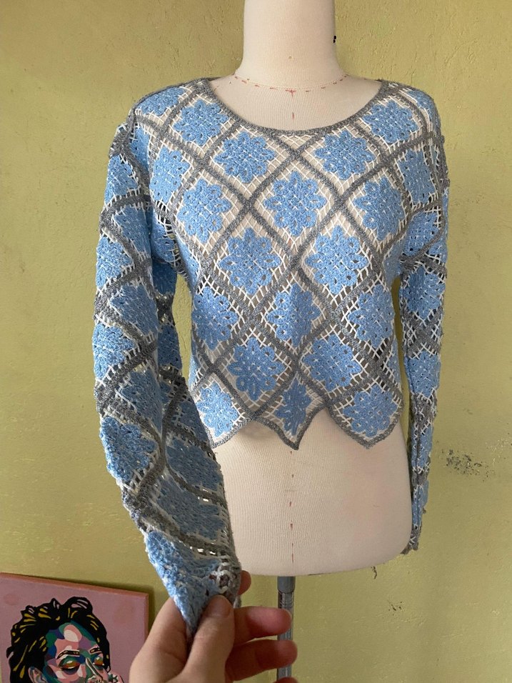 Bohem Mavi Gri Örgü Kadın Kazak - Görsel 3