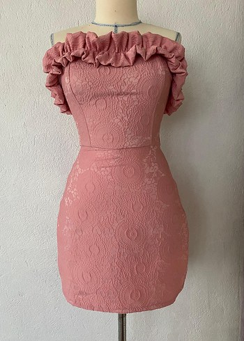 Pudra Mini Straplez Fırfırlı Nakışlı Elbise - Görsel 2