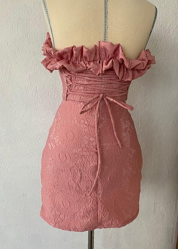 Pudra Mini Straplez Fırfırlı Nakışlı Elbise - Görsel 5