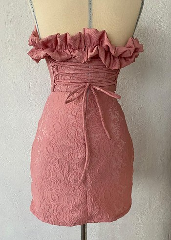 Pudra Mini Straplez Fırfırlı Nakışlı Elbise - Görsel 6