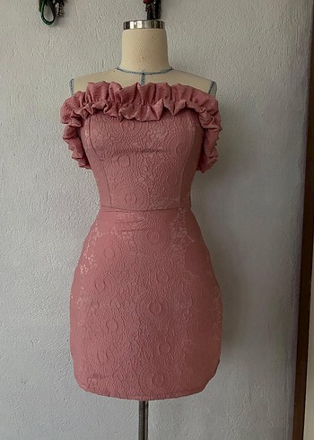 Pudra Mini Straplez Fırfırlı Nakışlı Elbise - Görsel 3