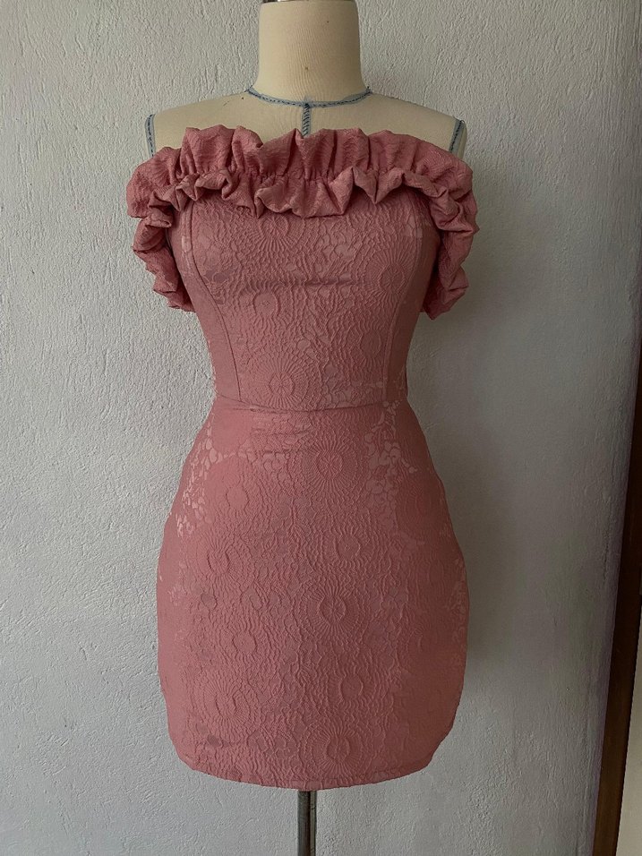 Pudra Mini Straplez Fırfırlı Nakışlı Elbise - Görsel 4