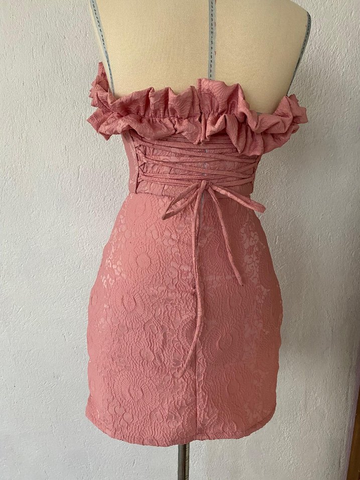 Pudra Mini Straplez Fırfırlı Nakışlı Elbise - Görsel 5