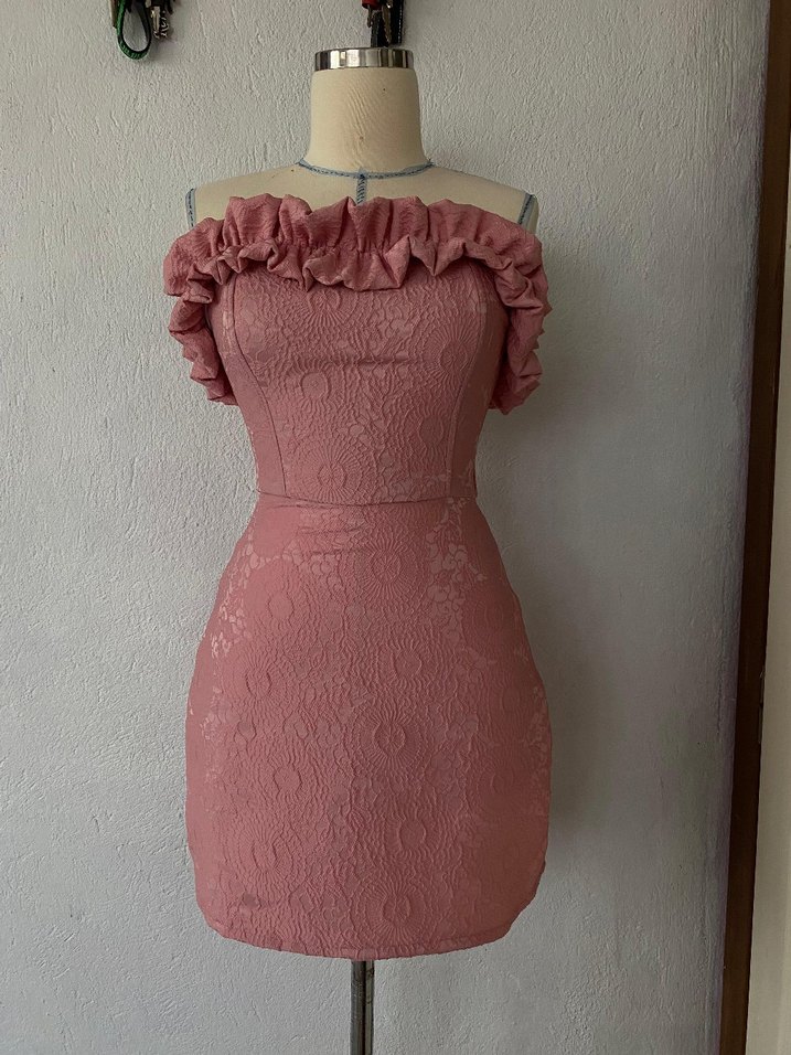 Pudra Mini Straplez Fırfırlı Nakışlı Elbise - Görsel 3