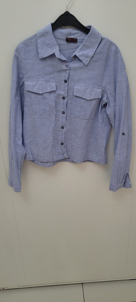 Düğmeli Mavi Keten Kadın Gömlek - Görsel 2