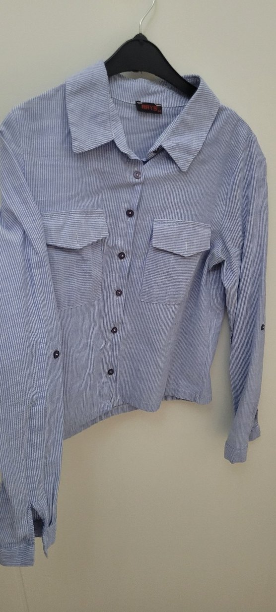 Düğmeli Mavi Keten Kadın Gömlek - Görsel 5