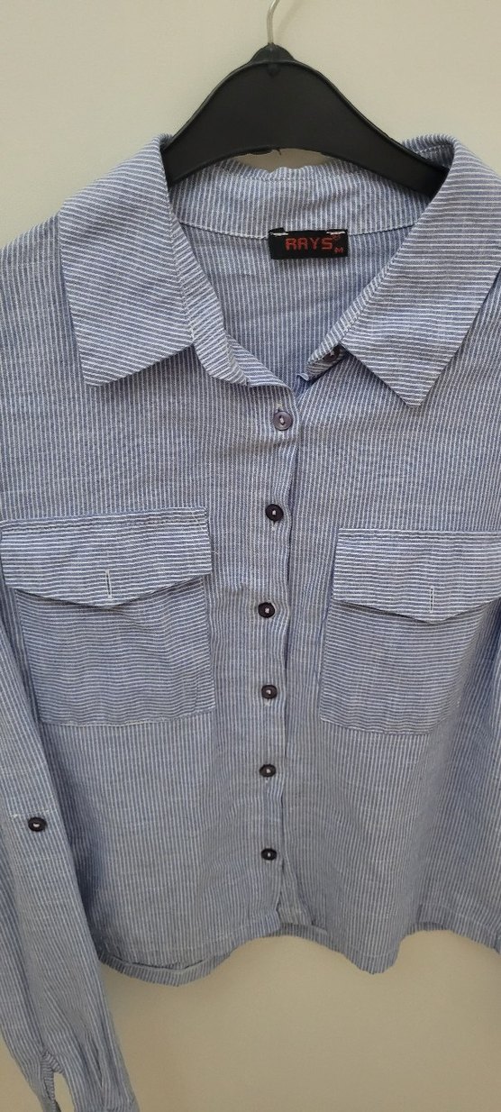 Düğmeli Mavi Keten Kadın Gömlek - Görsel 3