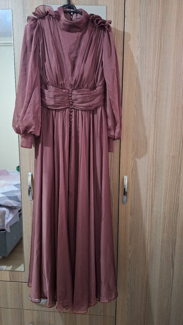 Bordo Uzun Drapeli Bağlamalı Elbise - Görsel 2