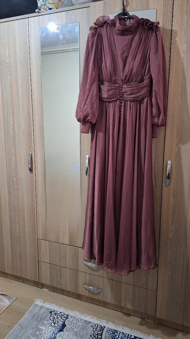 Bordo Uzun Drapeli Bağlamalı Elbise - Görsel 4