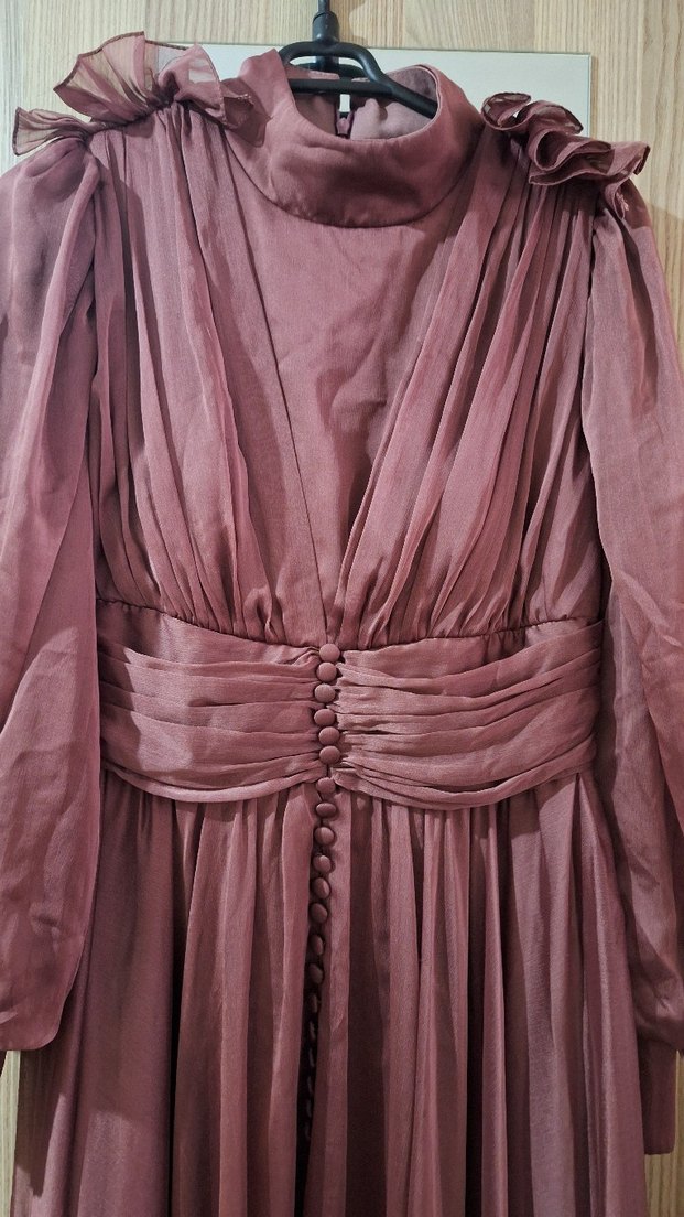 Bordo Uzun Drapeli Bağlamalı Elbise - Görsel 3