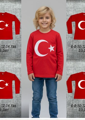 Kırmızı Çocuk Uzun Kollu bayraklı Tişört